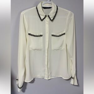 ZARA Botton-down tweed trim blouse